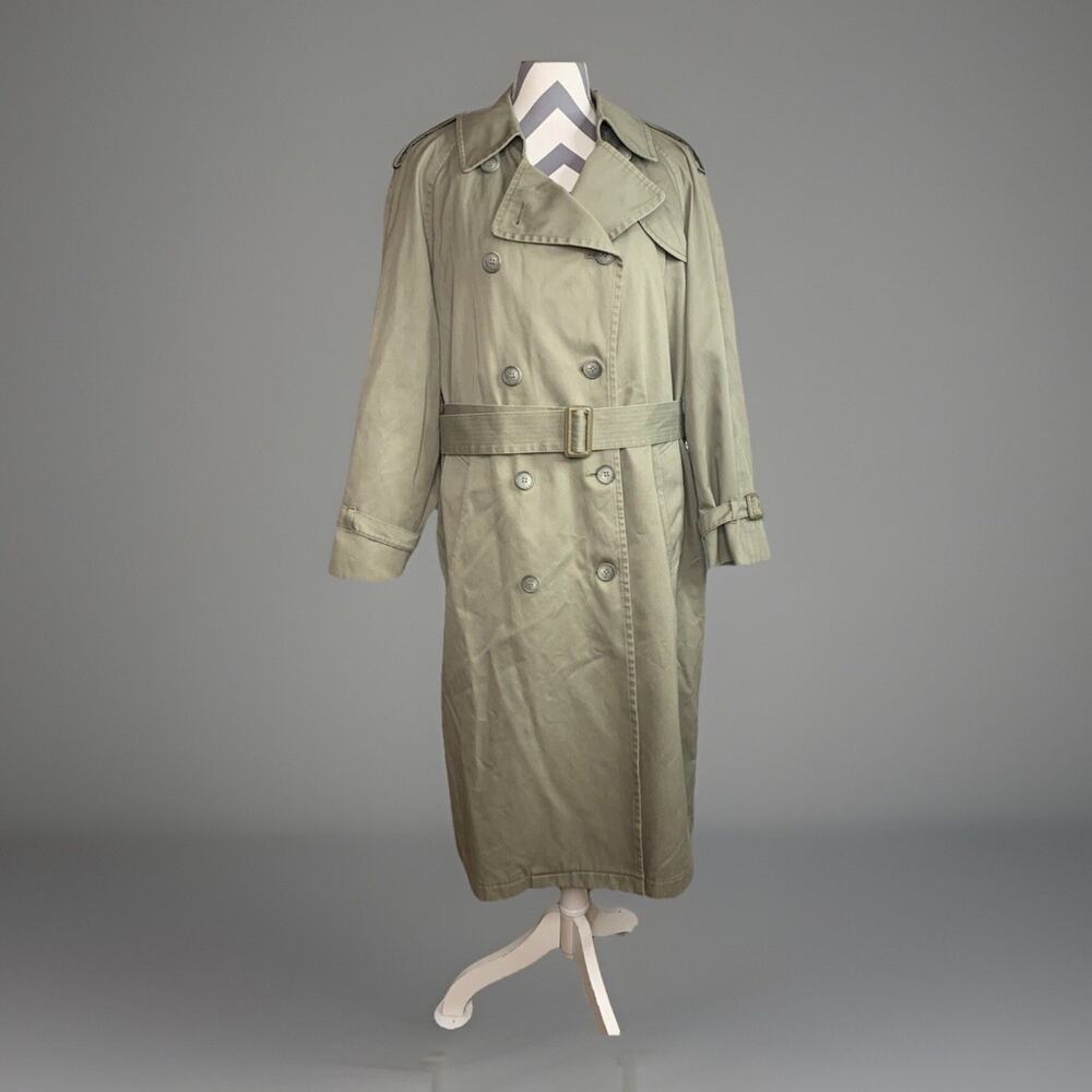 London Fog Green Beige Belted Plaid Trench Coat Sz 14